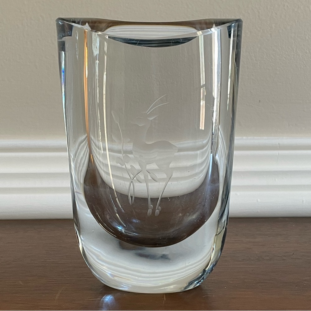 Heavy Stromberg Strombergshyttan Swedish signed Crystal Vase with Antelope, 6”